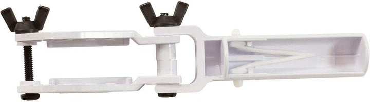 white plastic device with two black wing nuts on screws and a hollow handle designed for holding chlorine tablets