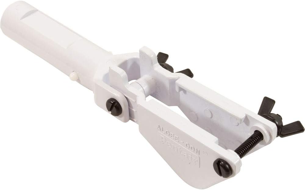 white plastic holder device with black screws and wingnut screws designed to hold and scrub pool chlorine tablets