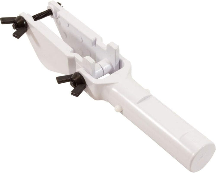 white plastic device with adjustable clamps and black knobs designed to hold a cylinder-shaped tablet