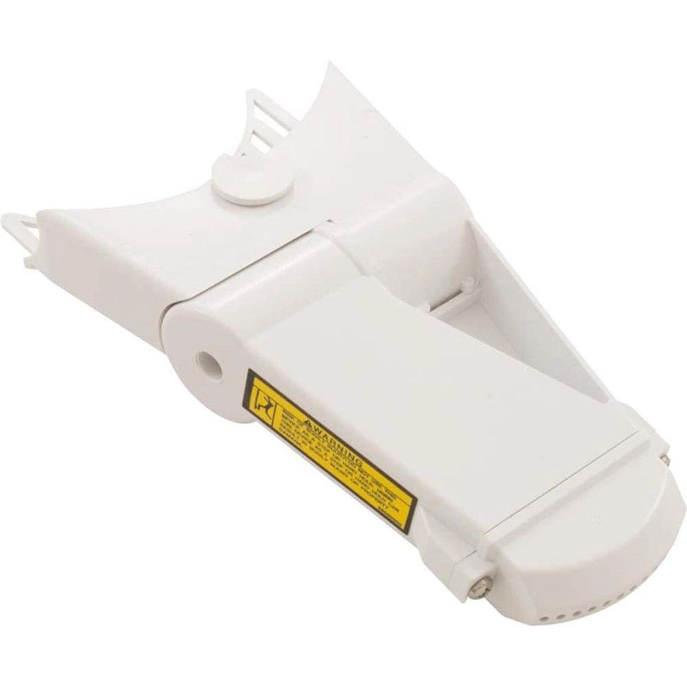 white plastic Pentair AquaLuminator fountain attachment kit with angular design and yellow warning label on side