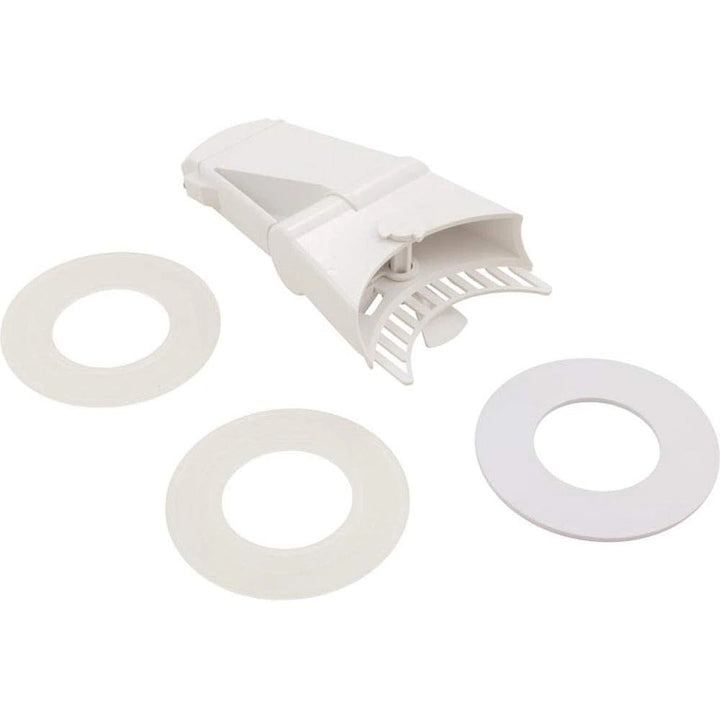 white plastic fountain attachment kit with central curved piece and three flat circular rings on a white background
