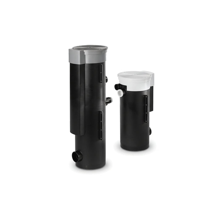 Two vertical cylindrical water filler units with side mounted float valves in black and gray and black and white colors