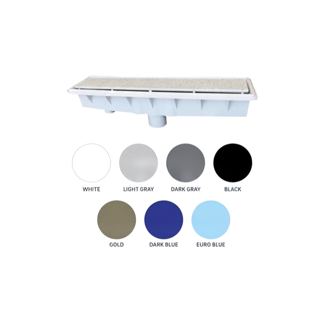 Pentair AVSC single suction channel drain with white frame, pebble-textured grate, and bottom outlet port.