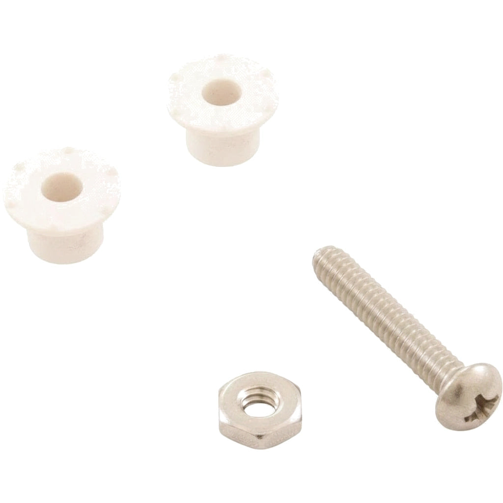 Pentair R201606 axle assembly with two white plastic bushings, a stainless screw, and a hex nut.