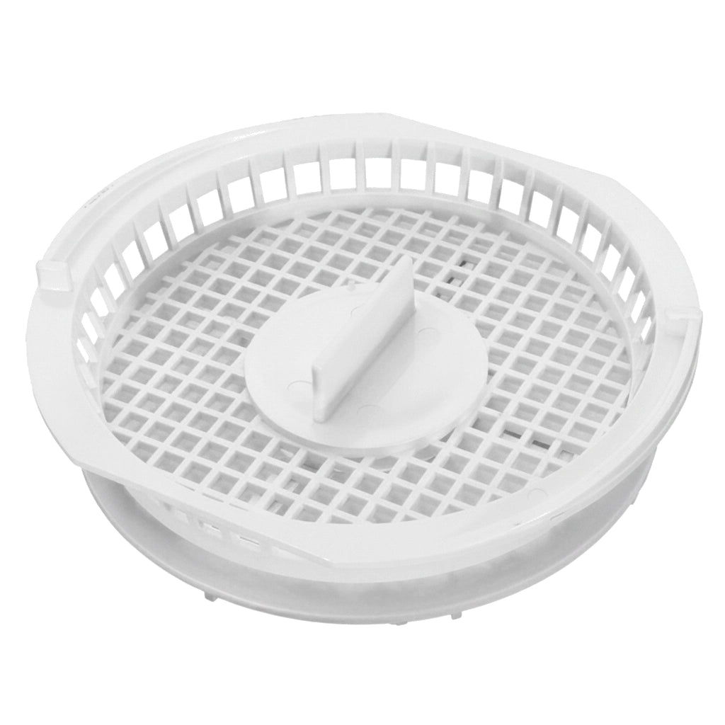 White round plastic basket with crosshatch mesh and center restrictor, Pentair R172686 for DFM 50 filter.