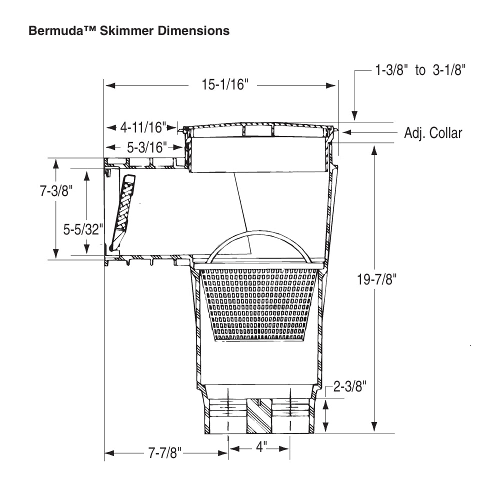 technical drawing of a Bermuda skimmer with detailed dimensional measurements for pipe connections and overall height