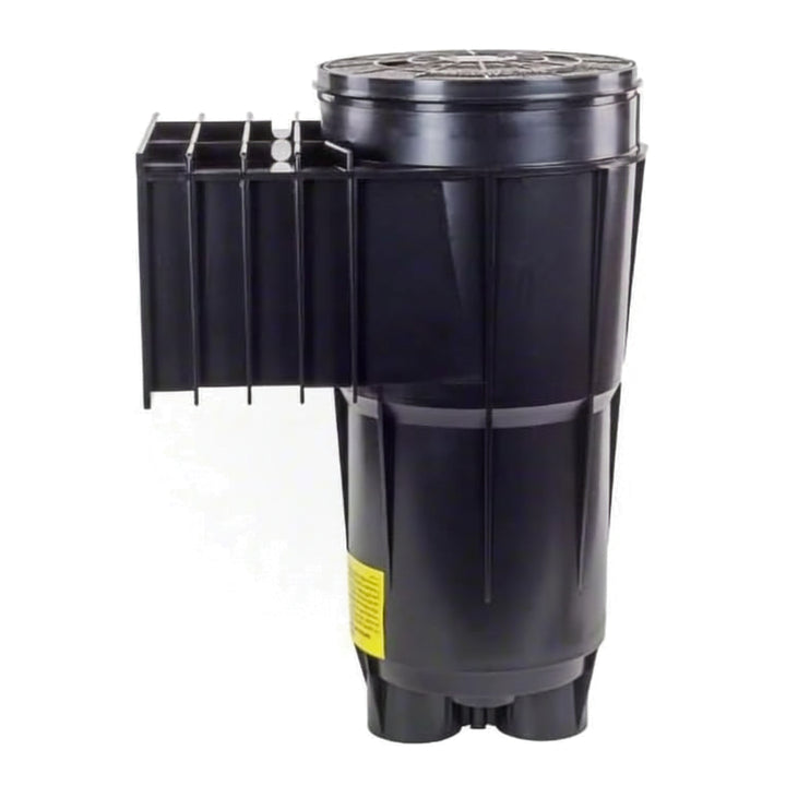 black plastic pool skimmer body with attached weed guard and round perforated lid for gunite pools