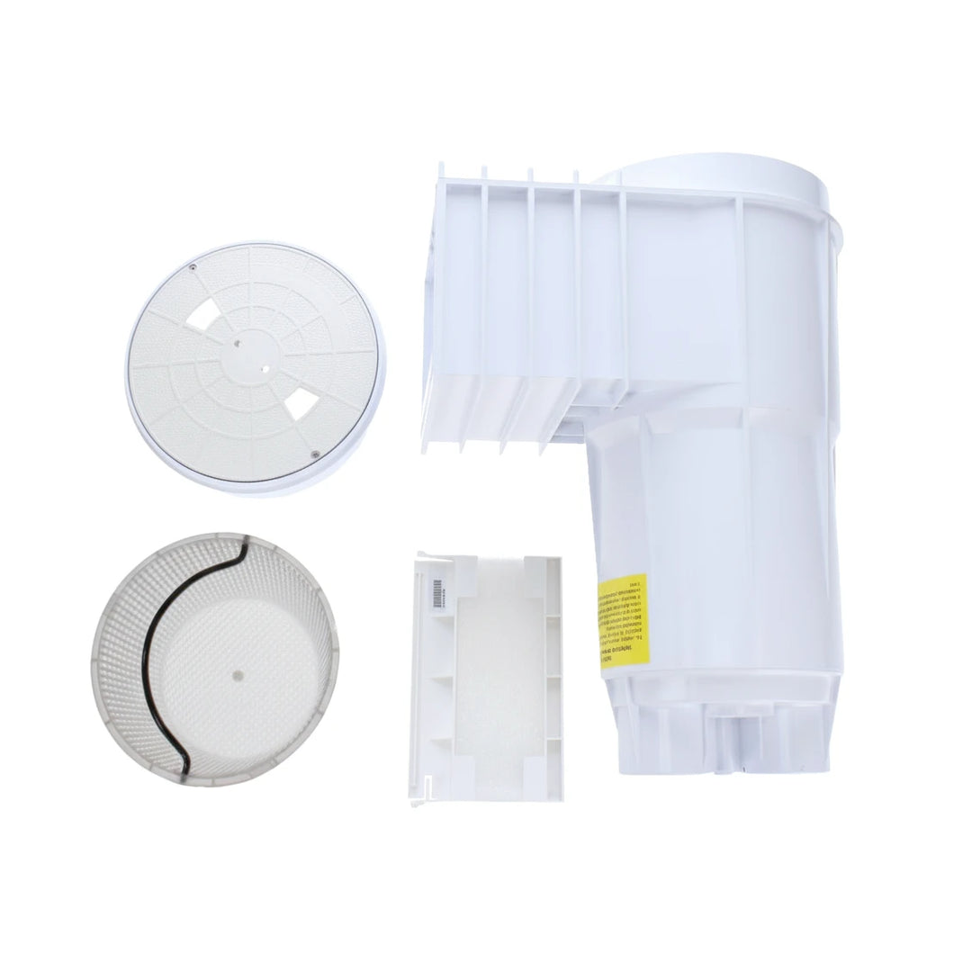 white plastic pool skimmer parts including a round lid, basket, rectangular plate, and a skimmer body with fins and slip ports