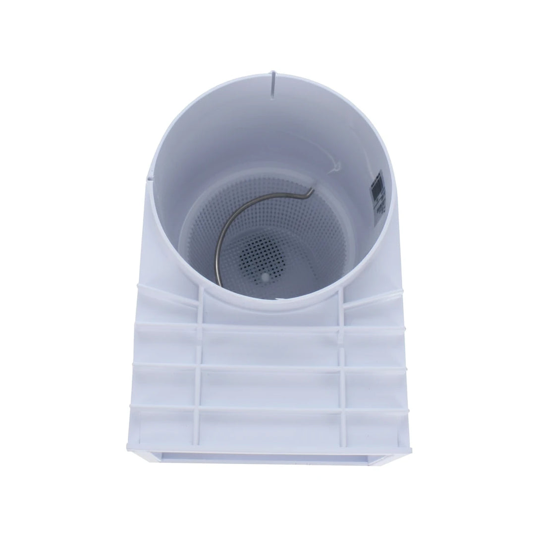 white cylindrical skimmer with rectangular base and grid-like reinforcement bars surrounding the body and a metal hook inside