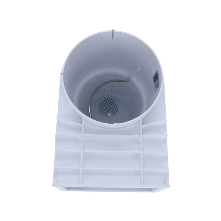 white cylindrical skimmer with rectangular base and grid-like reinforcement bars surrounding the body and a metal hook inside