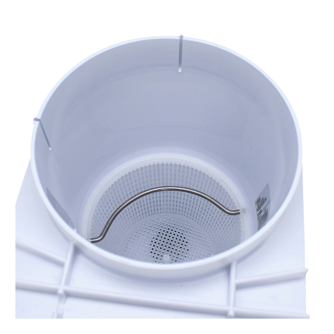 white round pool skimmer with a perforated basket and metal handle inside, designed for 2 inch slip ports