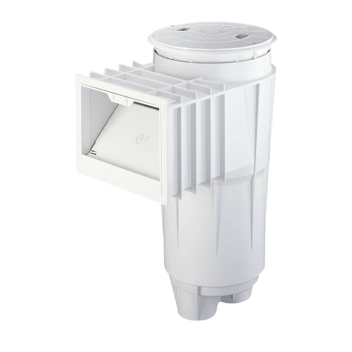 white plastic pool skimmer with rectangular opening and circular top lid designed for gunite pools