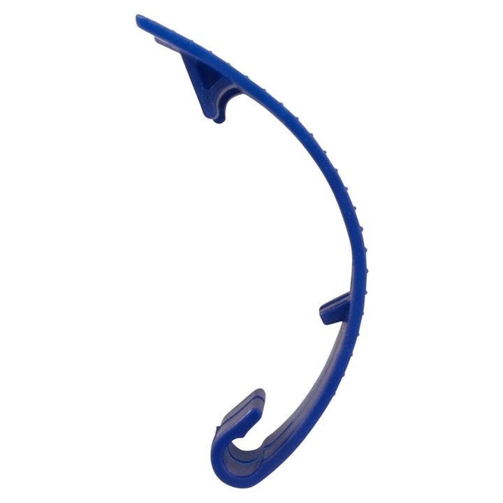 Blue plastic curved buckle clip with hook end, part of the Pentair Buckle Kit 360284 for Rebel pool cleaners