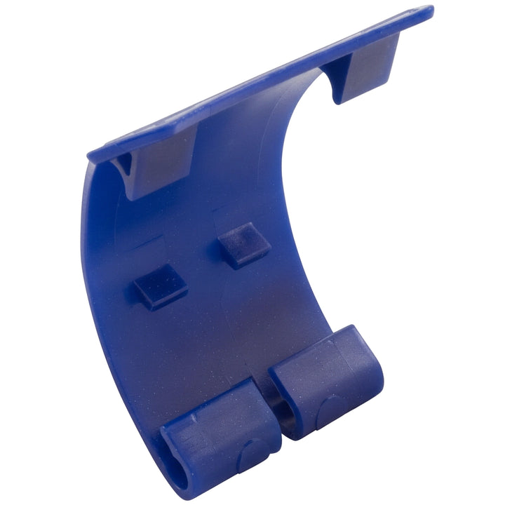 Blue curved plastic buckle clip with two square tabs, part of the Pentair Buckle Kit 360284 for pool cleaners.