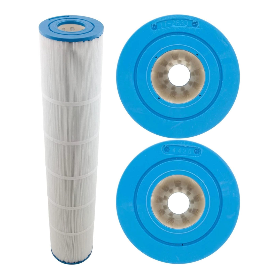 Pentair R173435 pool filter cartridge with white pleated media and blue end caps, shown upright and from both ends.