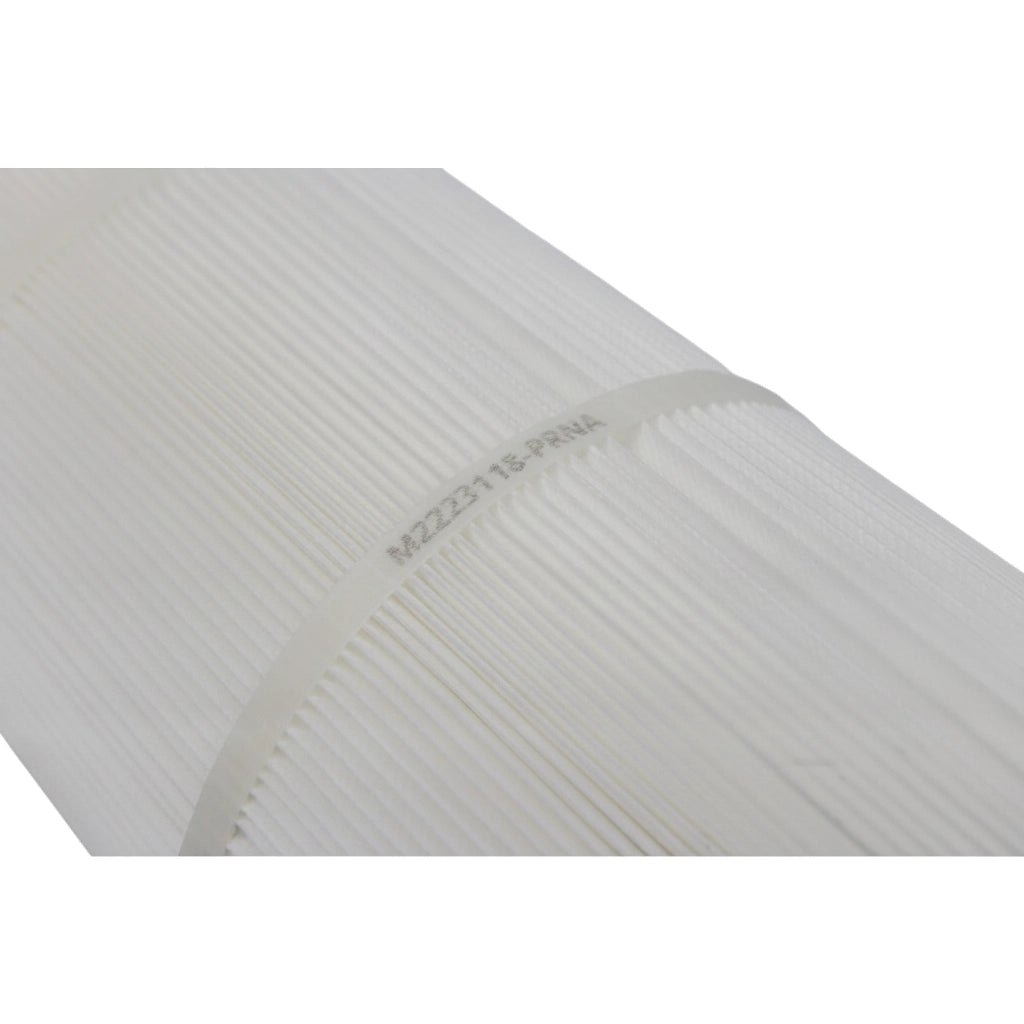Close-up of pleated white filter media on a Pentair CNC Plus 520 pool filter cartridge, model code printed on fabric.