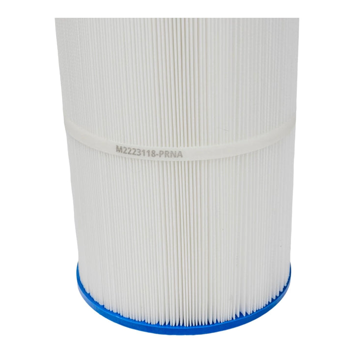 Close-up of a Pentair CNC Plus 520 pleated filter cartridge with blue end cap and M2223118-PRNA label band.