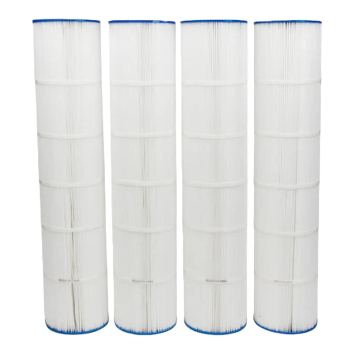 Four white pleated Pentair CNC Plus 520 pool filter cartridges with blue end caps, standing upright side by side.
