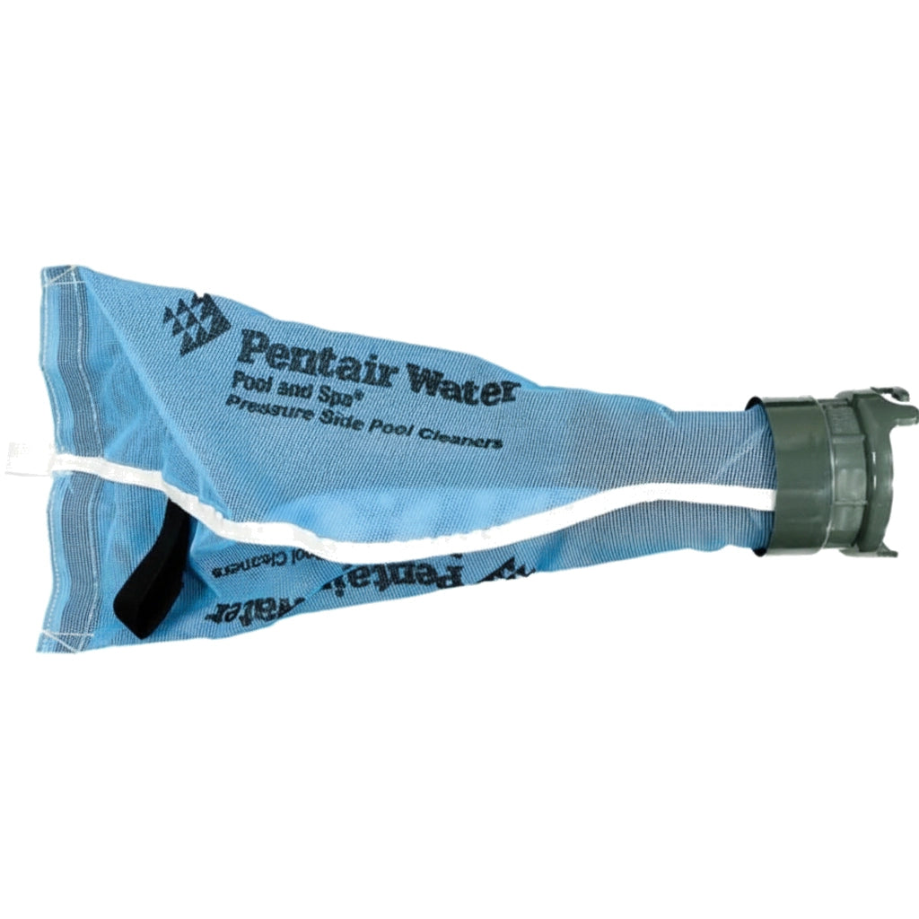 Pentair Coarse Mesh Bag with gray plastic collar, blue mesh printed "Pentair Water Pool and Spa"