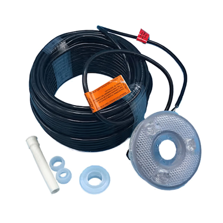 coiled black electrical cord with attached circular clear LED bubbler light and white plastic fittings for water connection