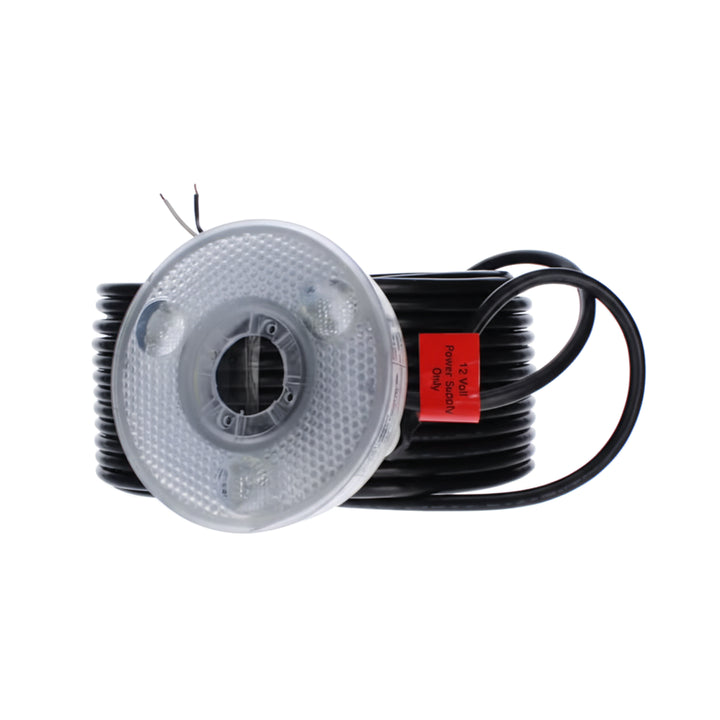 round LED bubbler light with textured clear plastic cover attached to a coiled 150-foot black cord with exposed wire ends