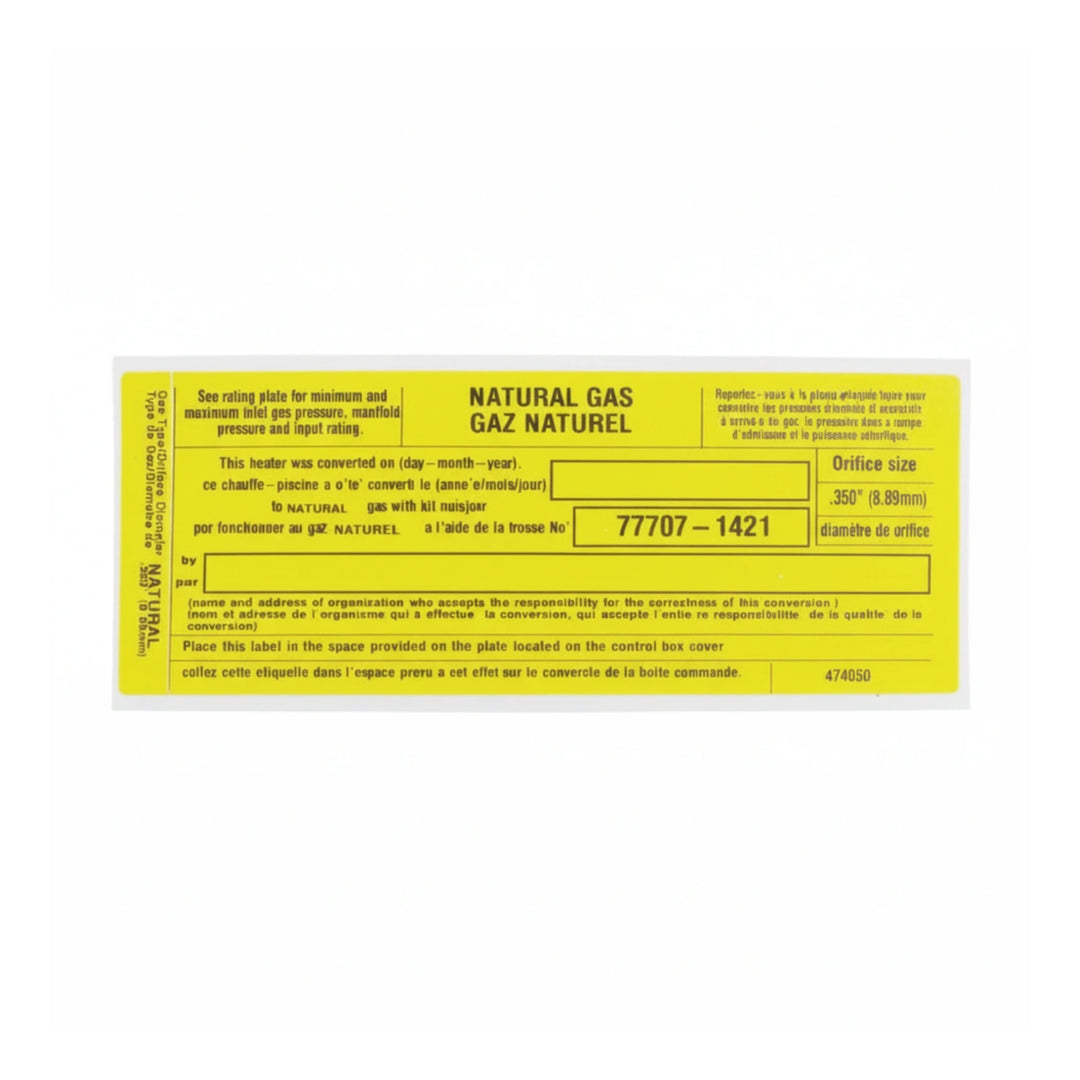 rectangular yellow label with black text showing natural gas conversion details including orifice size and product number