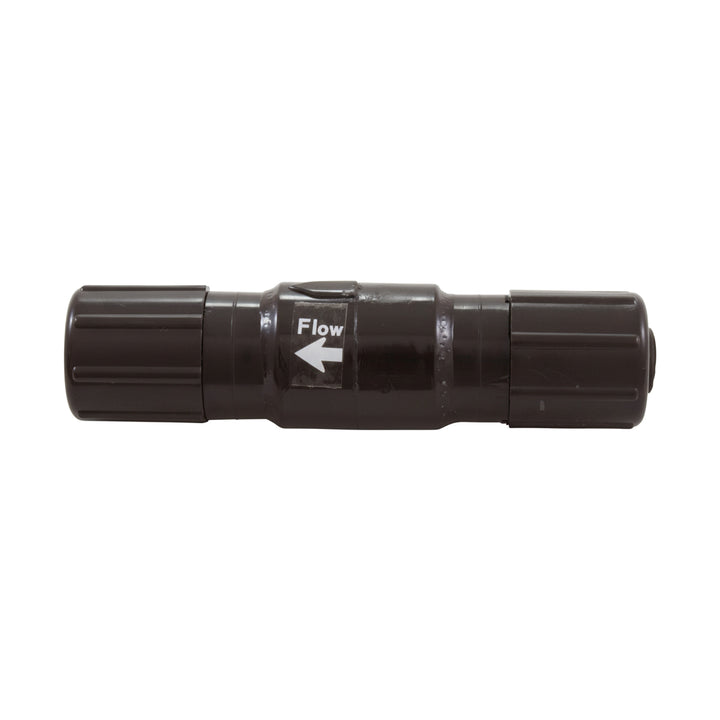 black in-line check valve with threaded ends and arrow label indicating flow direction