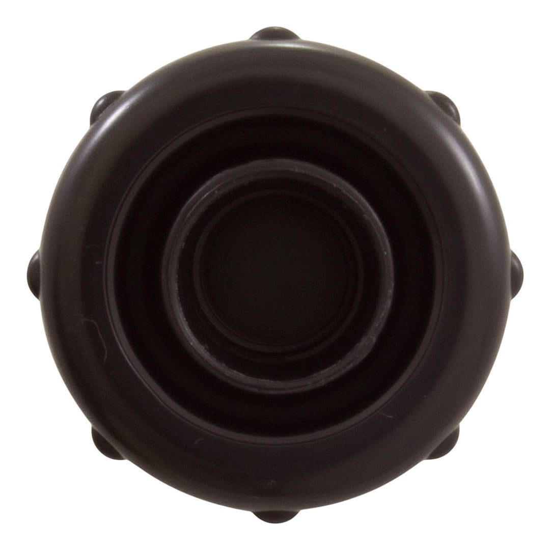 Top view of a black cylindrical Pentair in-line check valve with rounded edges and central tube opening