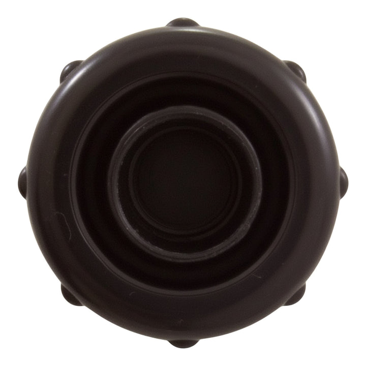 Top view of a black cylindrical Pentair in-line check valve with rounded edges and central tube opening