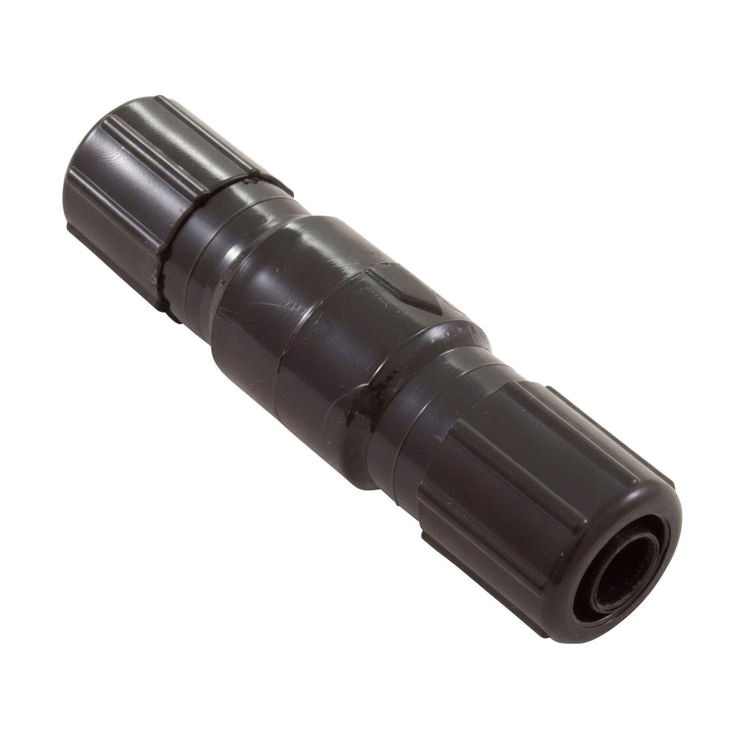 black corrosion resistant in-line check valve with ribbed ends designed for 1/2 inch tube connections