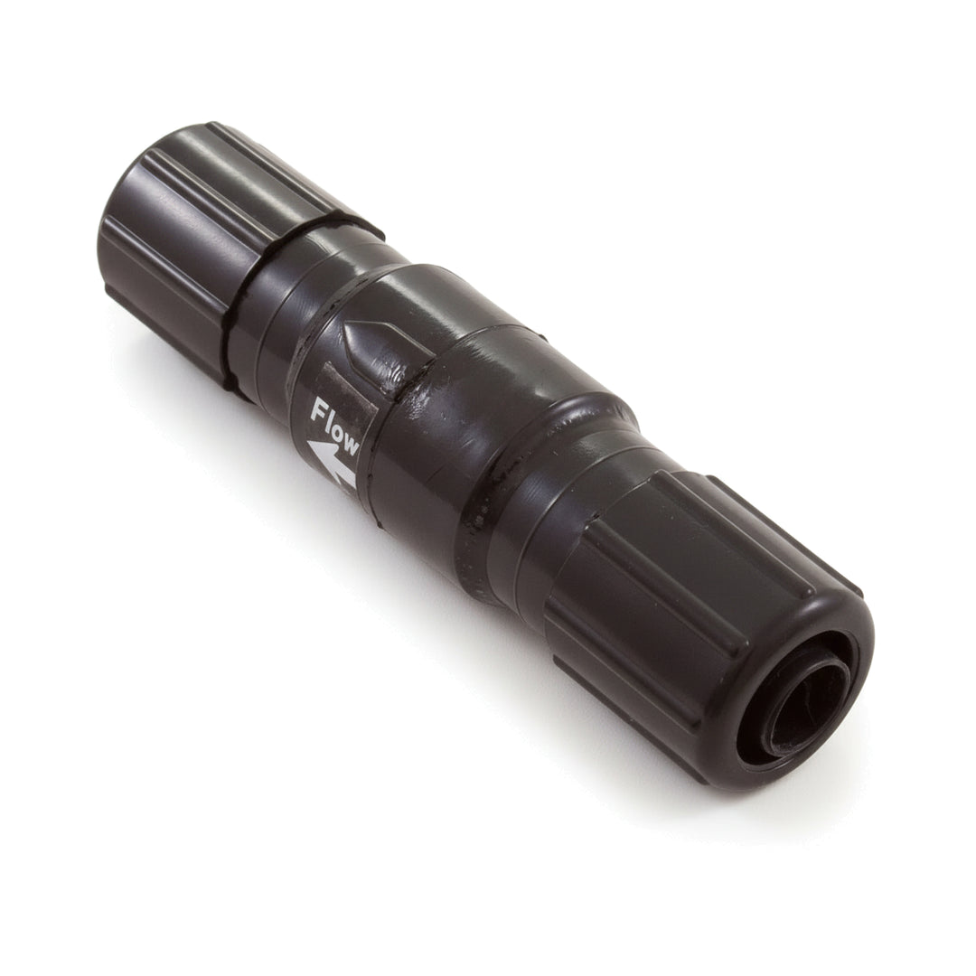 Black corrosion resistant in-line check valve with ridged ends and a flow direction arrow on a white background