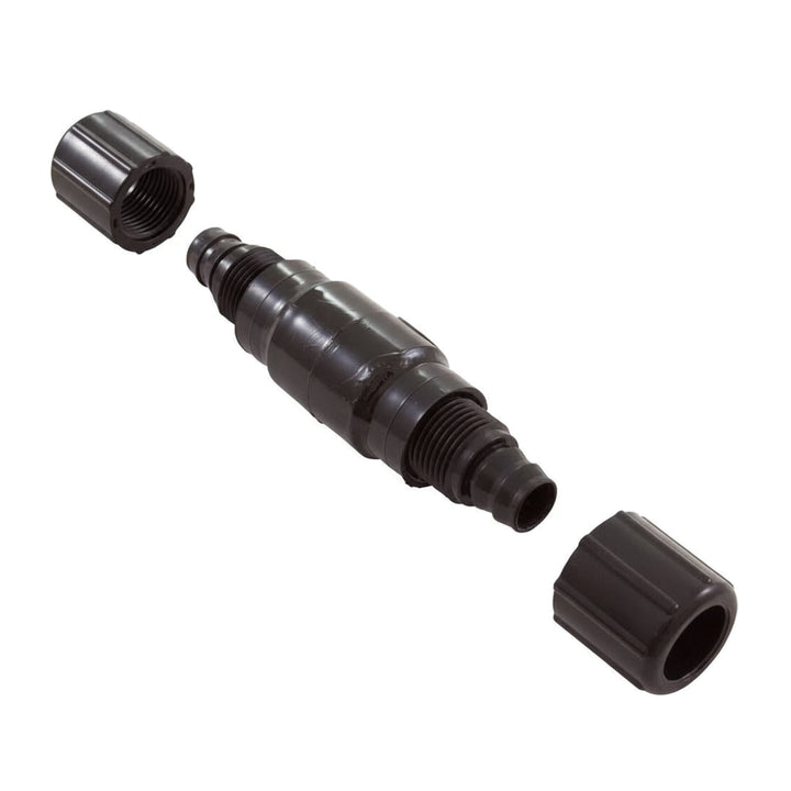 black corrosion resistant in-line check valve with ribbed connectors and two removable end caps