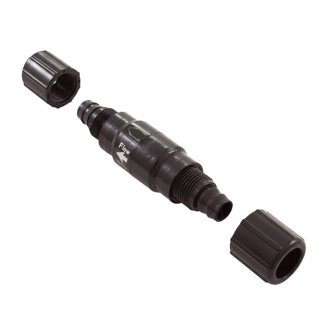 black corrosion resistant in-line check valve with two detachable end caps shown separately on white background