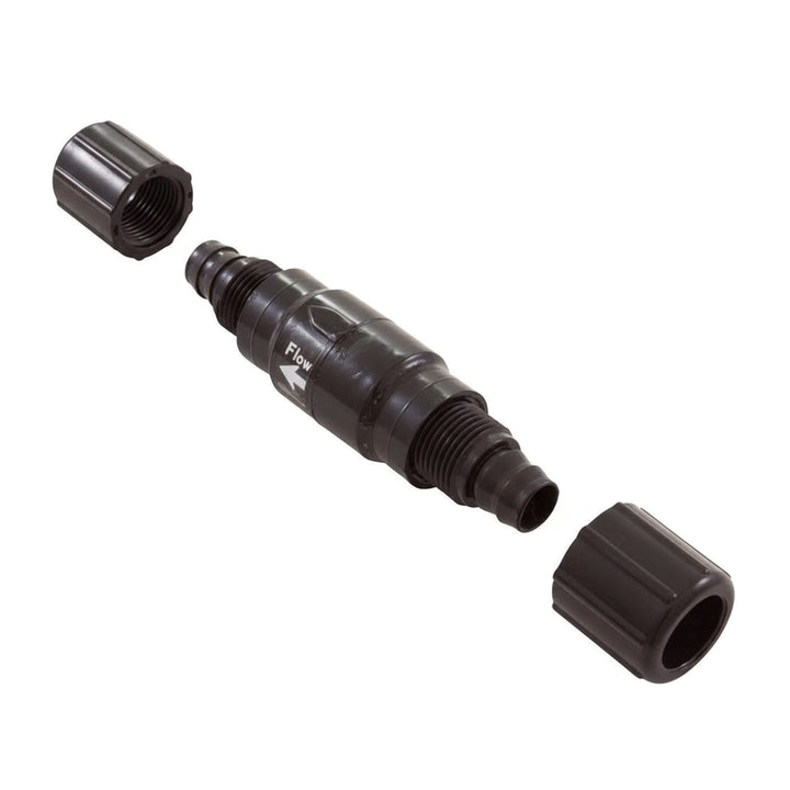 black corrosion resistant in-line check valve with two detachable end caps shown separately on white background