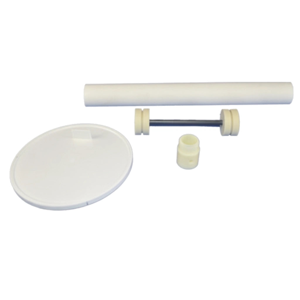 Pentair DekClor Start Up Kit parts: oval safety plate, white tube, spindle with rollers, and small cap fitting