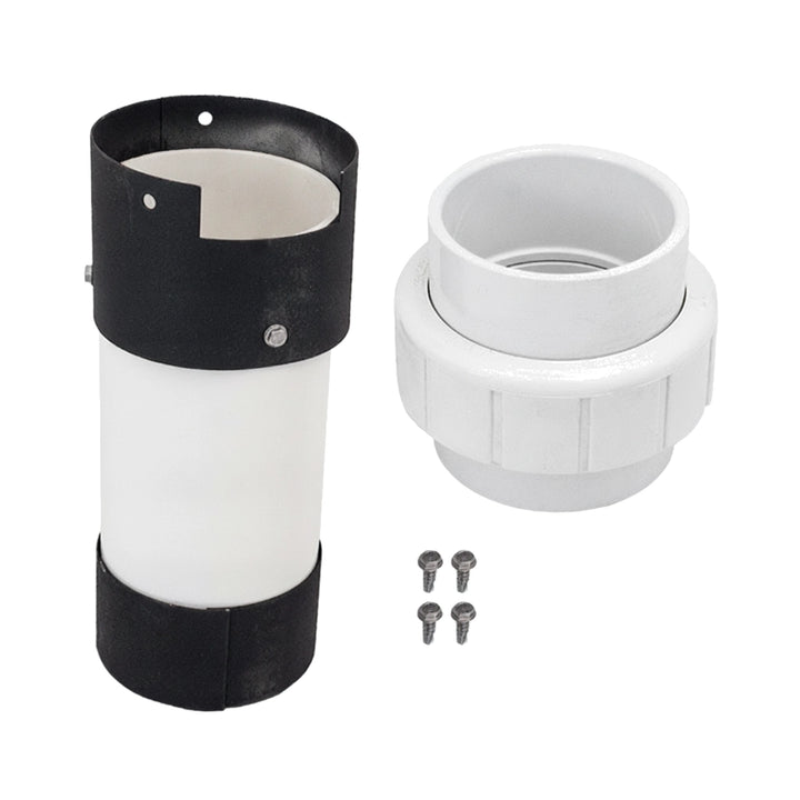 Pentair 474845 Direct Air Intake Duct Kit with white PVC union coupling and metal-banded pipe sleeve, plus screws.