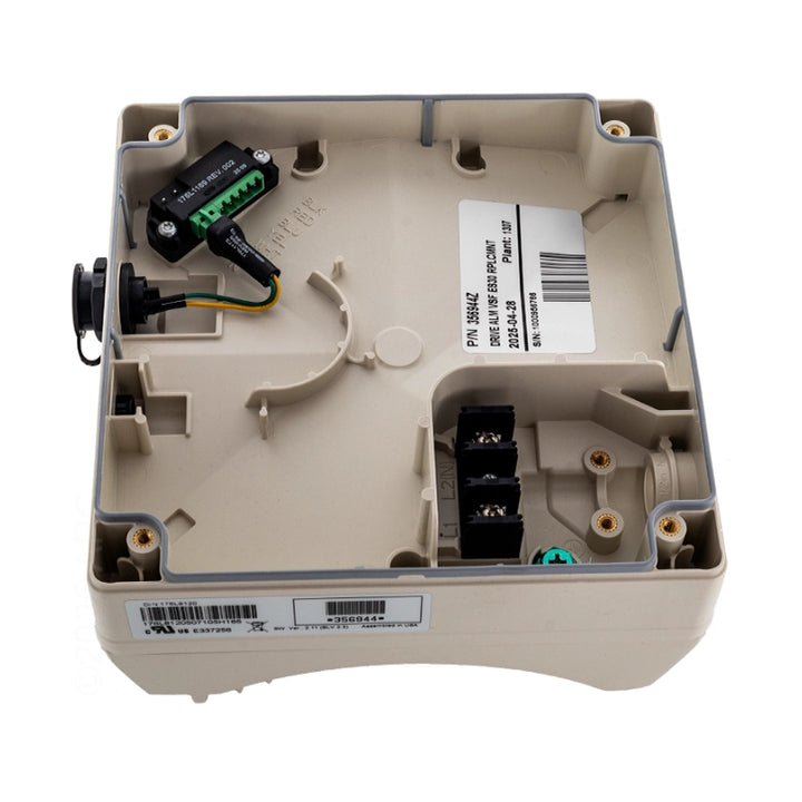 Interior view of Pentair IntelliFlo VSF drive 356944Z housing, showing wiring terminals and circuit board.