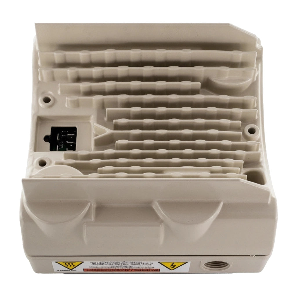 Underside of Pentair Drive 356944Z VSF model showing beige heat sink fins and electrical warning labels