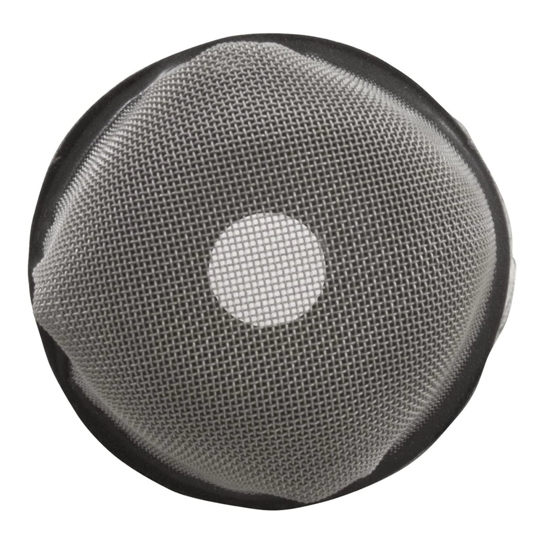 Round black-rimmed Pentair Eclipse air bleed strainer, 55024400, with fine metal mesh screen, top view.