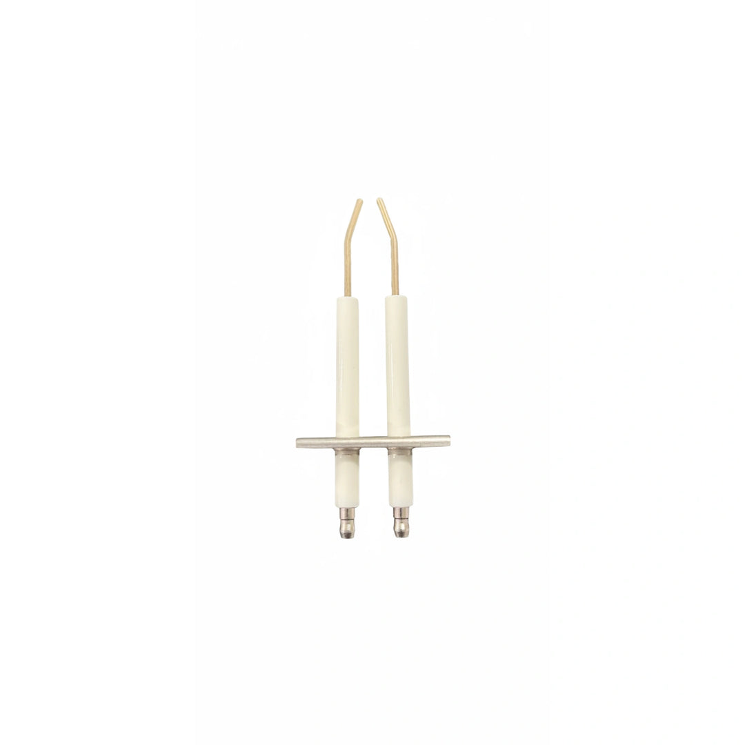 two white ceramic electrodes with metal connectors and bent tips mounted on a small horizontal metal bracket