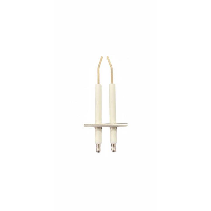 two white ceramic electrodes with metal connectors and bent tips mounted on a small horizontal metal bracket