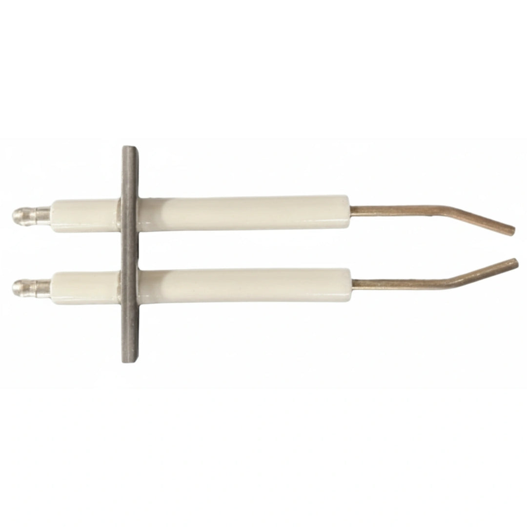 dual white cylindrical electrodes with metal tips and a metal mounting bracket for gas heater spark replacement