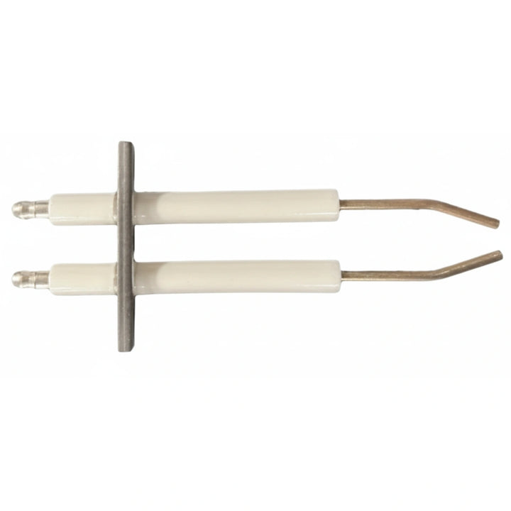 dual white cylindrical electrodes with metal tips and a metal mounting bracket for gas heater spark replacement