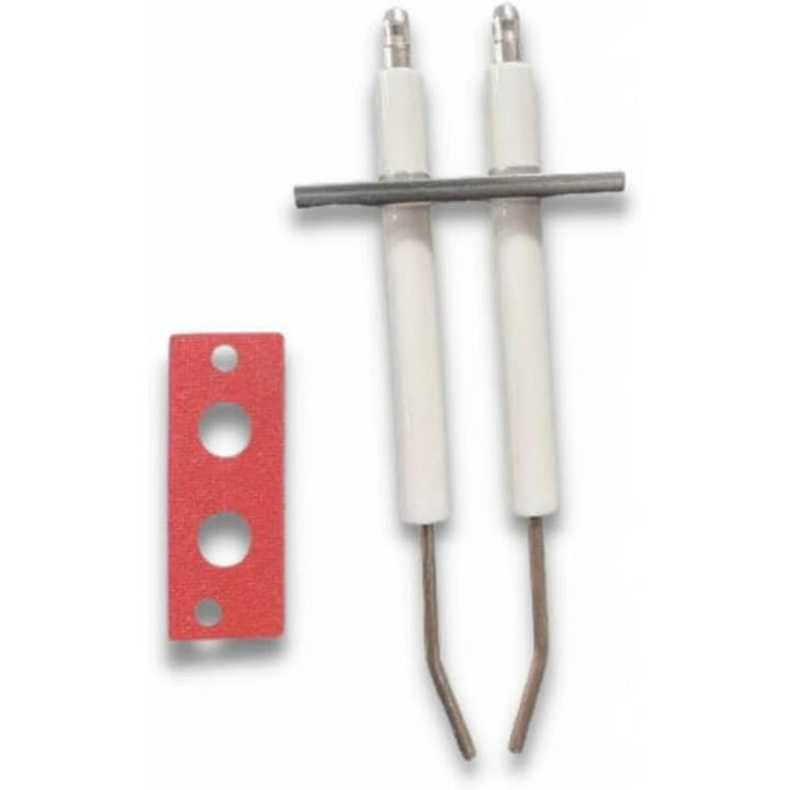 two white electrode rods with bent metal tips and a red rubber gasket with three circular holes