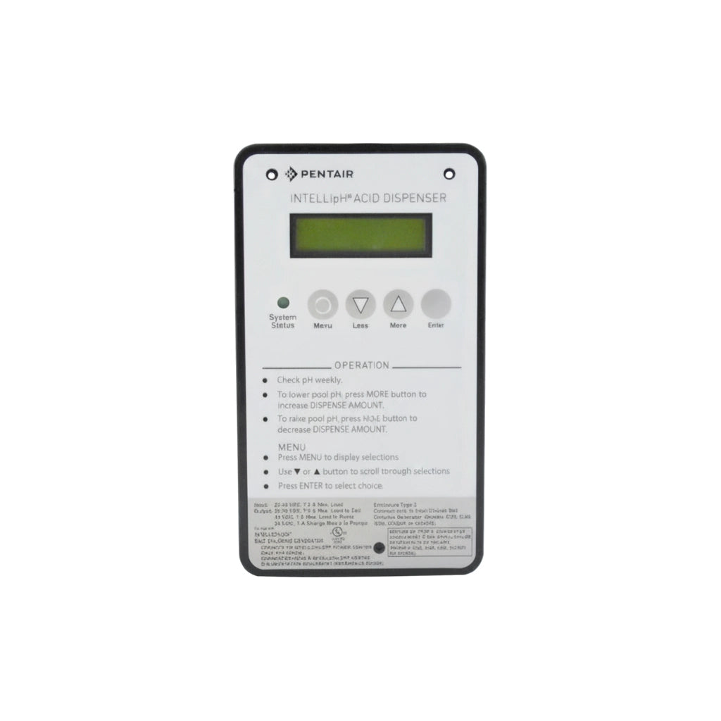 Pentair IntellipH Acid Dispenser faceplate with LCD display, status light, and Menu, Less, More, Enter buttons.