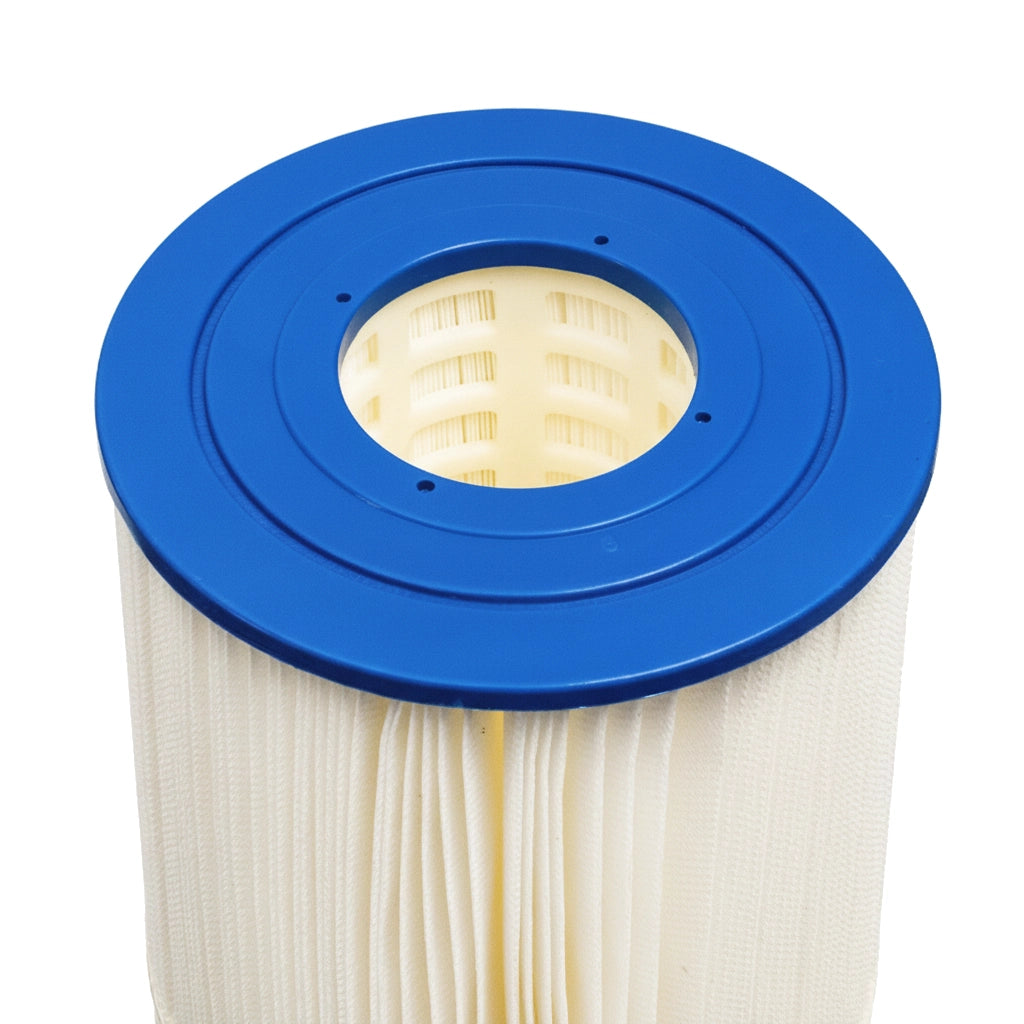 Pentair 170102 filter cartridge, top view showing blue end cap and pleated white fabric media.