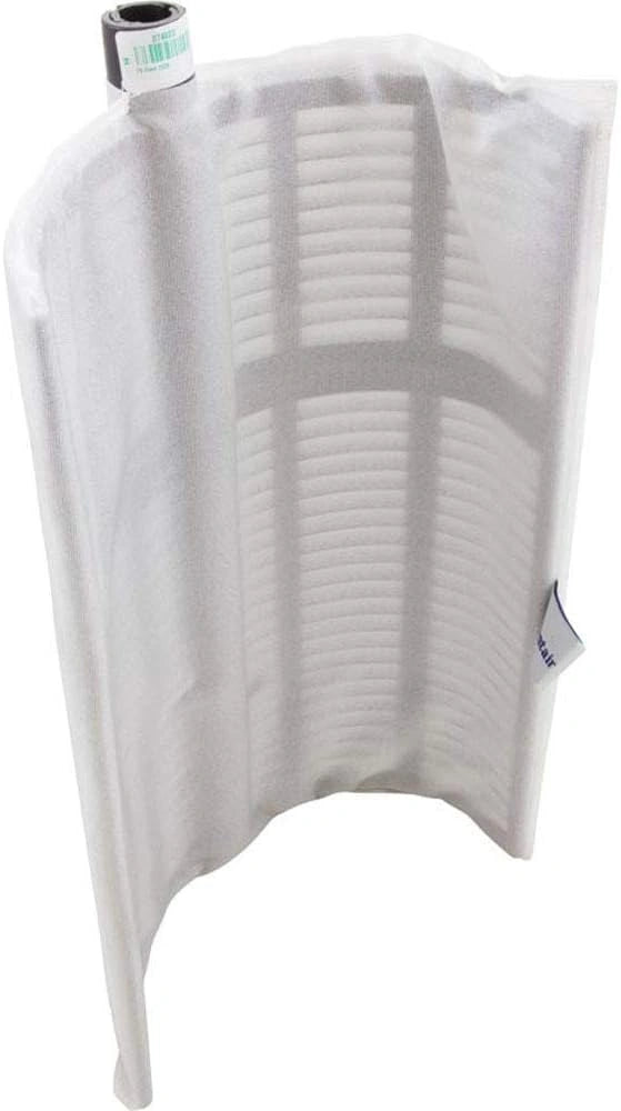 white curved filter grid with a fine mesh surface and barcode label on top, designed for pool filtration systems