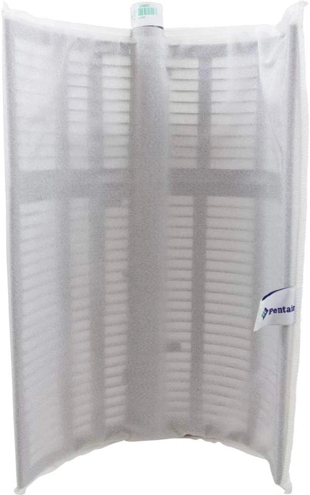 white curved pool filter grid element with plastic frame and vertical slats labeled with Pentair tag