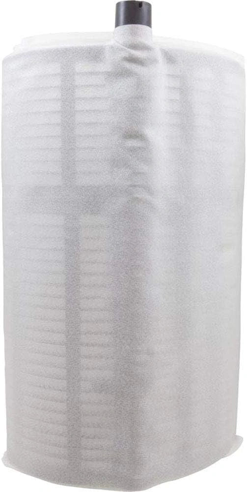 cylindrical white pool filter element with mesh material wrapped around a ribbed internal structure and a black top fitting