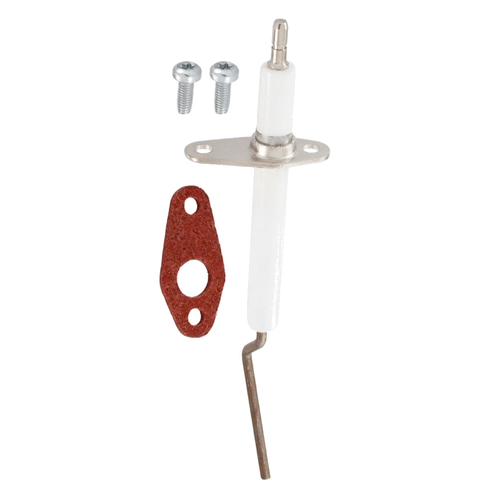 Pentair 462023Z flame sensor with white ceramic body, mounting bracket, gasket, and two screws laid out separately